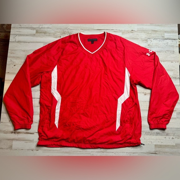 Under Armour Other - Under Armour Red White VNeck Lined Poly Windbreaker Pullover Drawstring Men 2XL